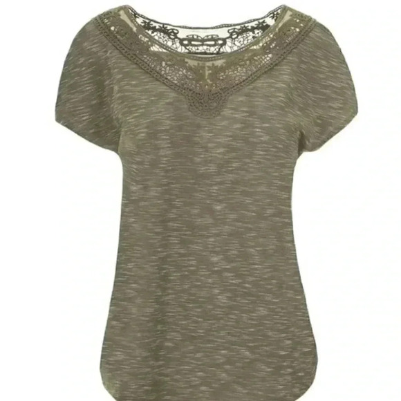 Ricki’s Cap Sleeve T-Shirt Crochet Trim Top Khaki Green Space Dye Small - Picture 3 of 14